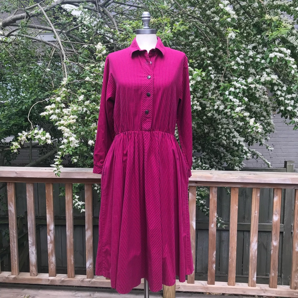 Vintage Raspberry Striped Cotton Shirtdress Med Large - Picture 3 of 7